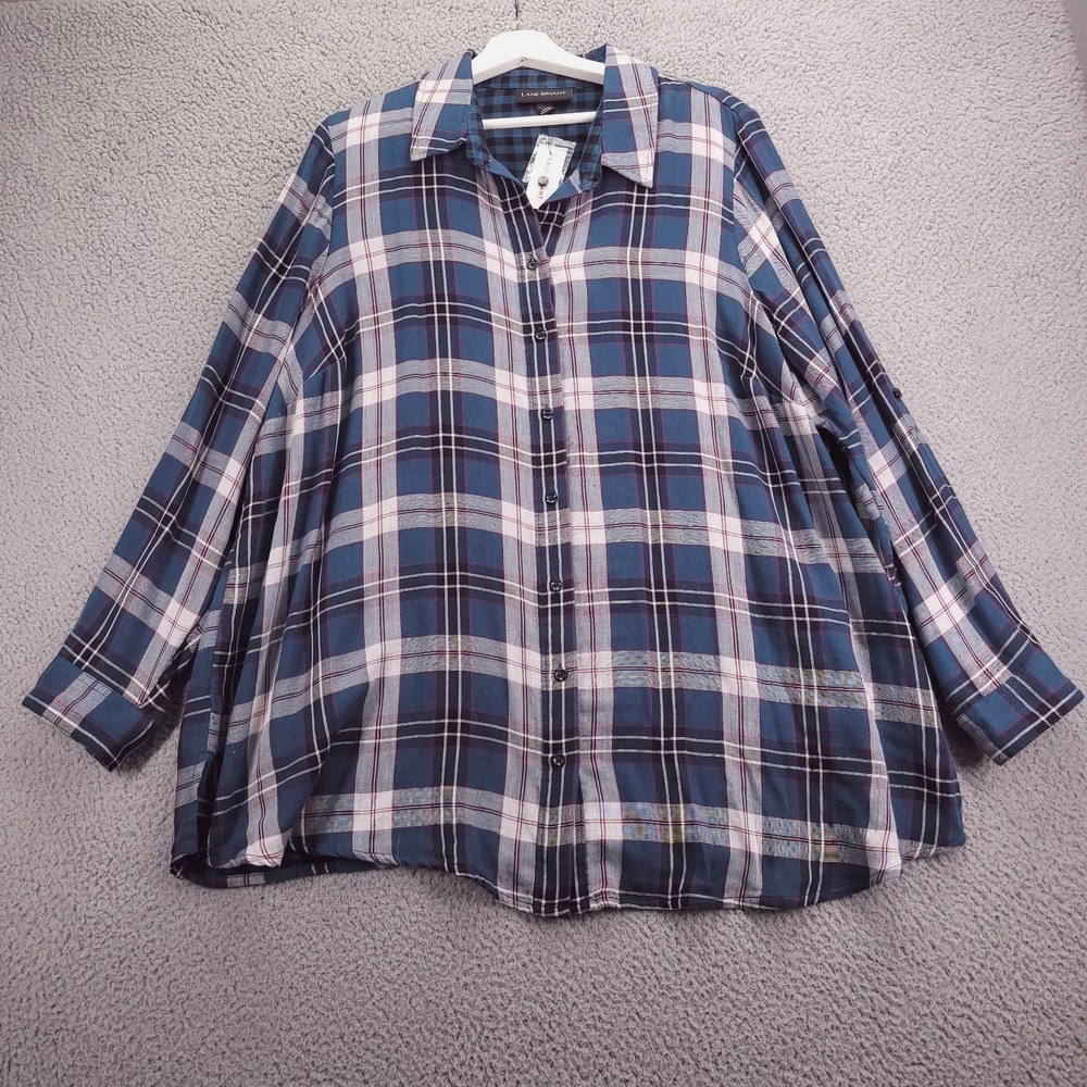 LANE BRYANT Top Size 18/20 Blue Purple Plaid Lightweight Button Up NEW